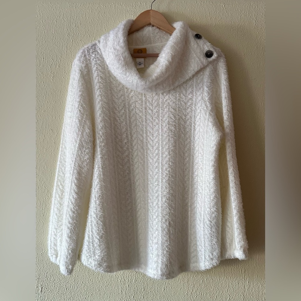 Ruby Red Cozy White Cable-Knit Cowl Neck Sweater